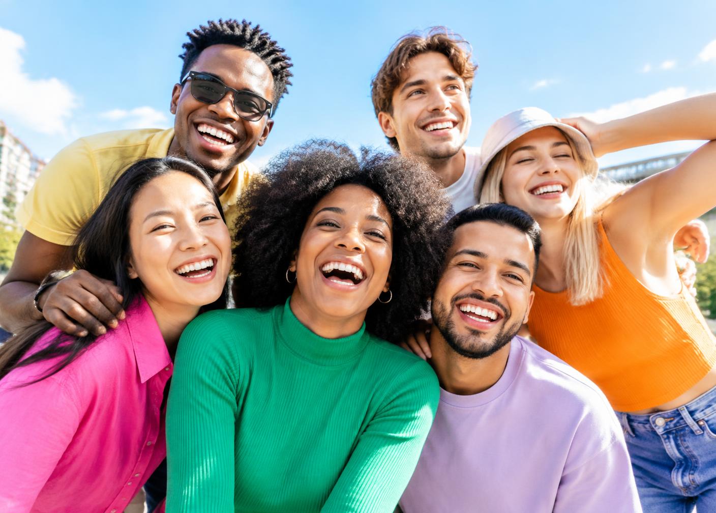 A group of friends laughing together outdoors on a sunny day