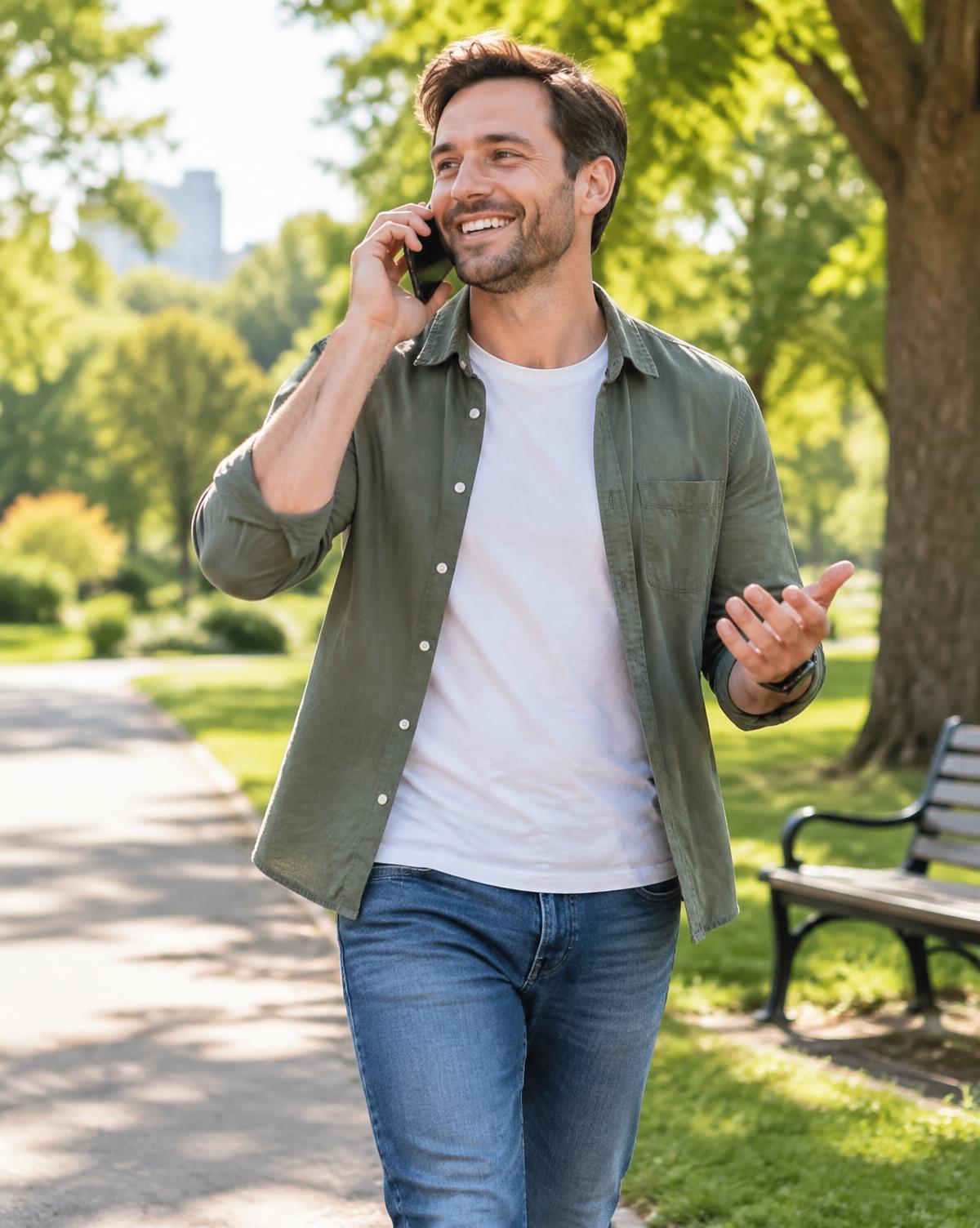 A member on a therapy call while walking through a sunny park