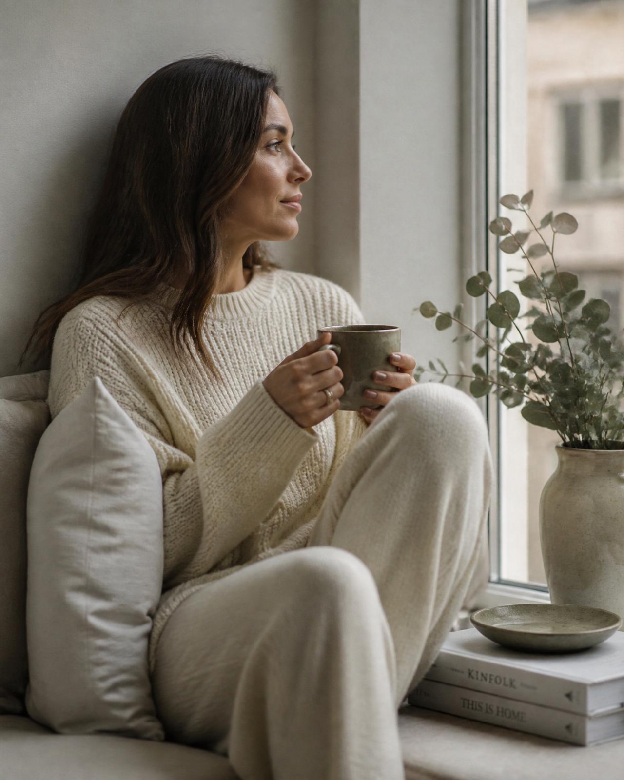 A client resting quietly by a sunlit window with a warm mug of tea