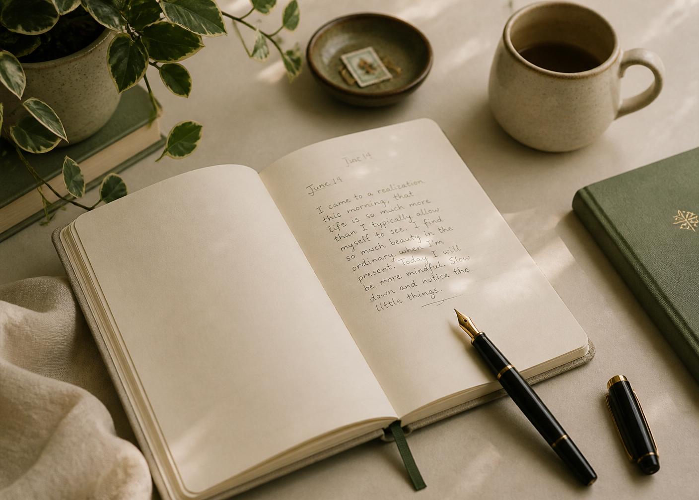 An open journal, fountain pen, and warm mug on a soft cream desk