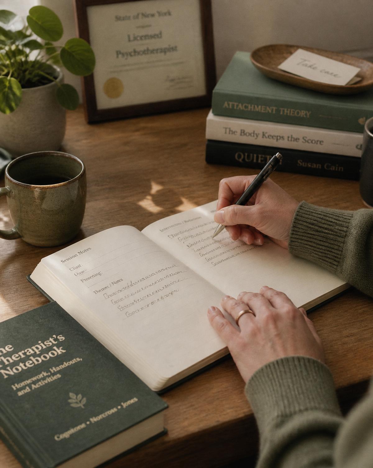 A licensed supervisor writing session notes at a warm wooden desk